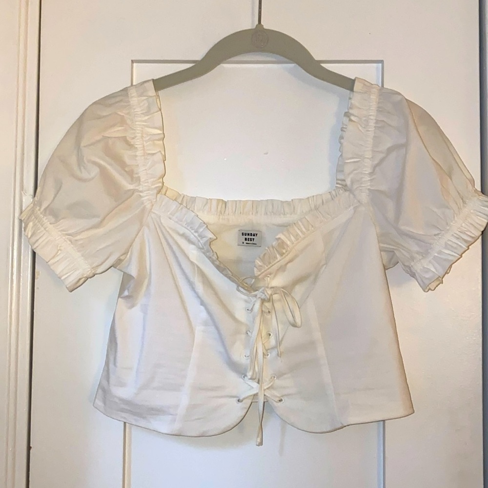 White Cropped Lace Up Top